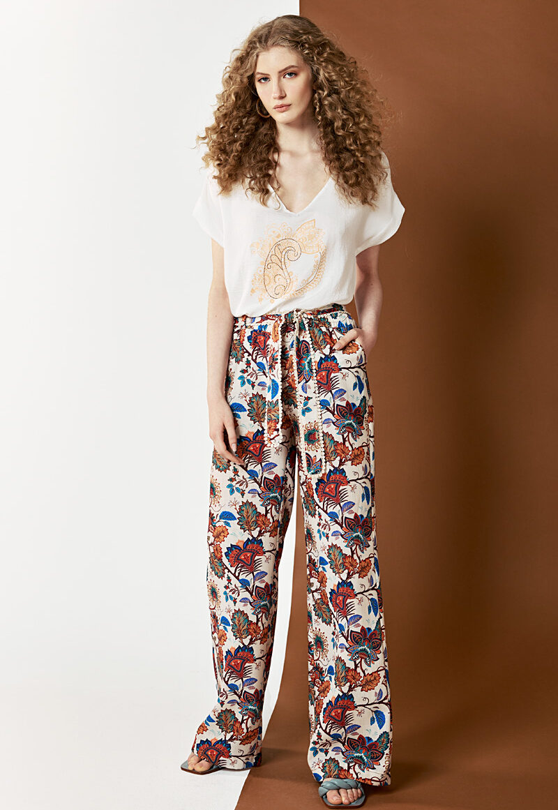 Dejavu Εμπριμέ Παντελόνα με Όψη Λινού