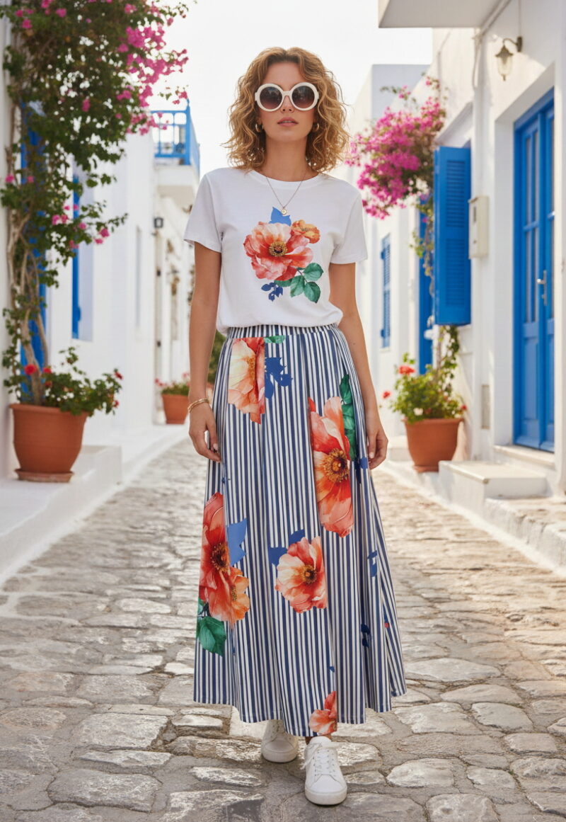 Ριγέ Μάξι Φούστα με Λουλούδια