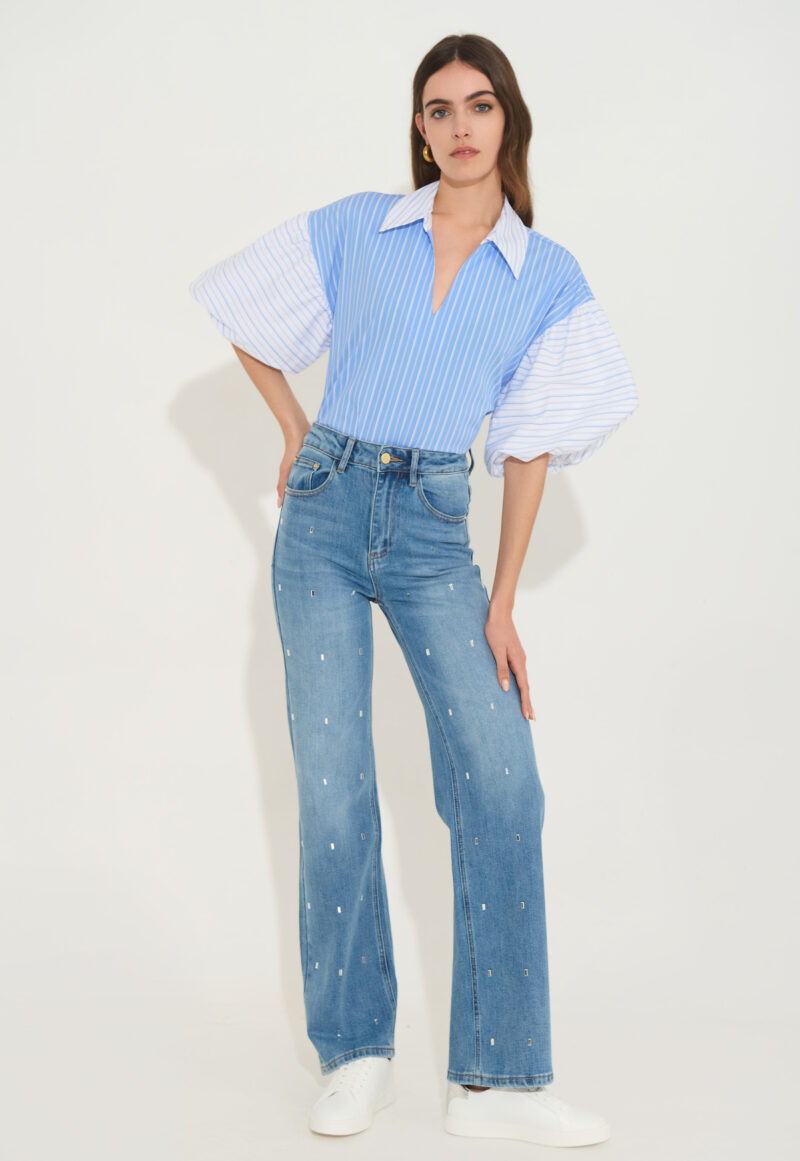 Ριγέ Πουκάμισο με Φουσκωτά Μανίκια