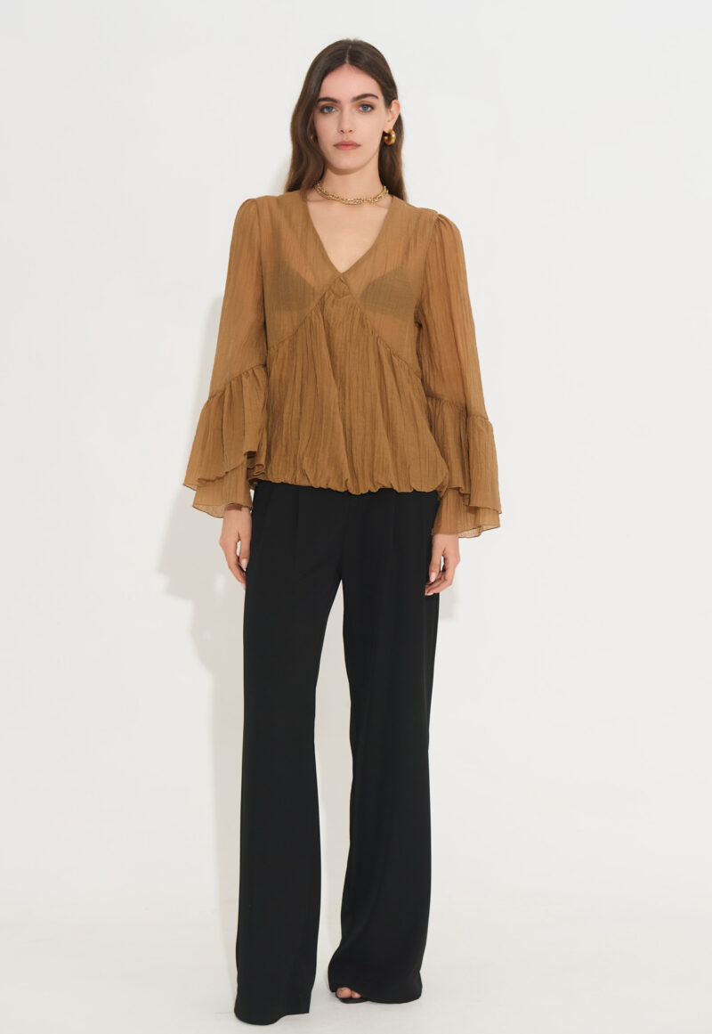 Ημιδιάφανo Πουκάμισο με V-Ντεκολτέ και Μανίκια Βολάν