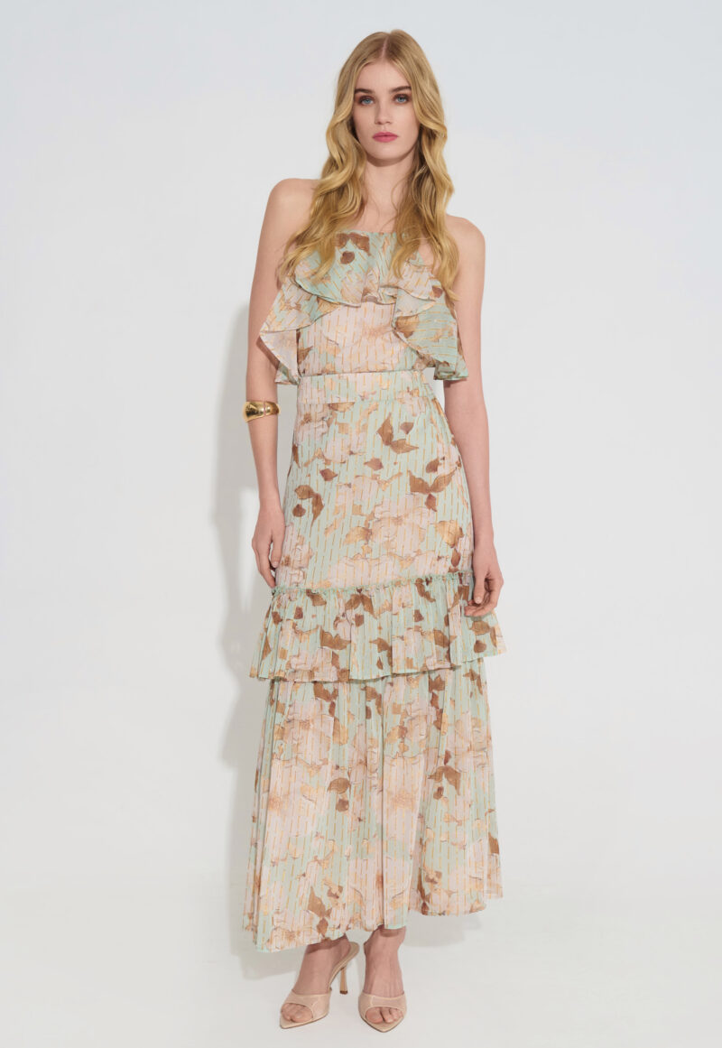 Floral Τοπ με Βολάν και Χρυσές Λεπτομέρειες