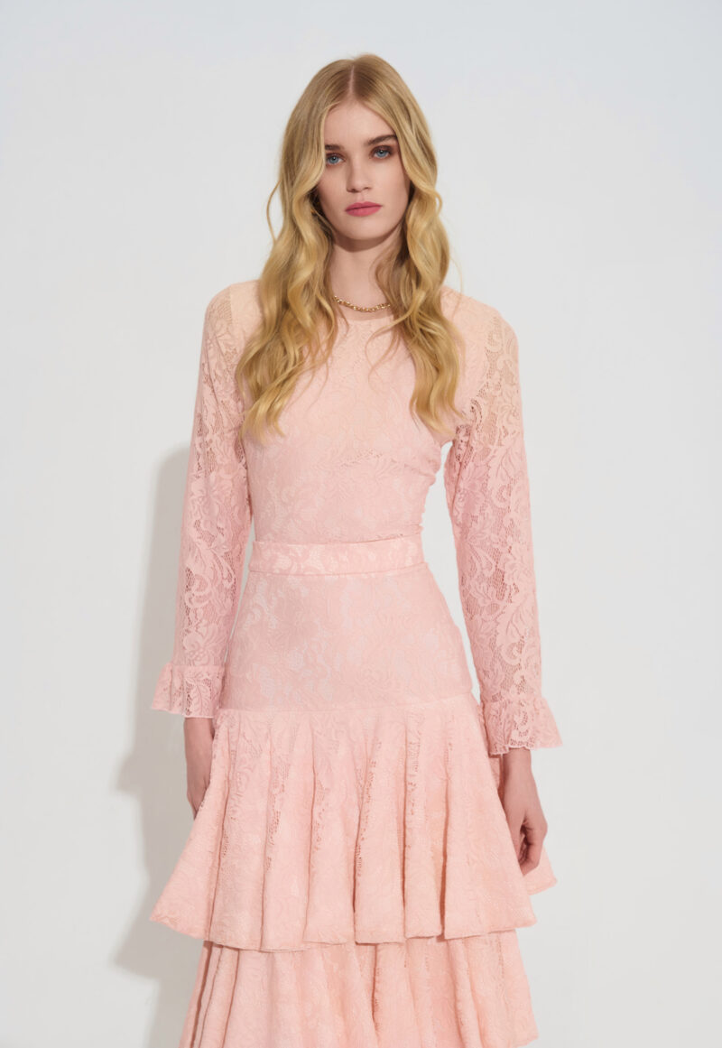 Δαντελένια Μπλούζα με Μακρύ Μανίκι και Βολάν