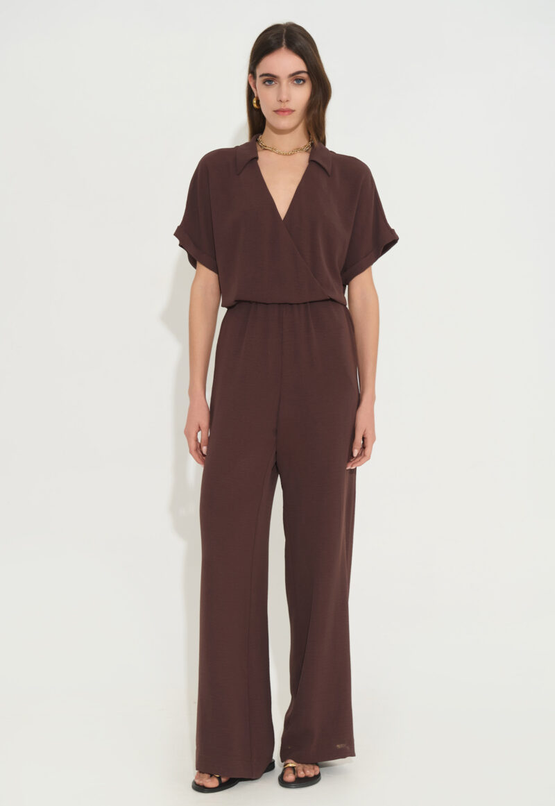 Ολόσωμη Φόρμα με Wrap V-Ντεκολτέ και Φαρδιά Παντελόνα