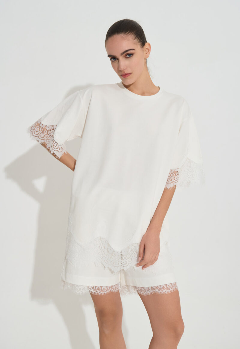 Oversized Φούτερ Μπλούζα με Δαντέλα