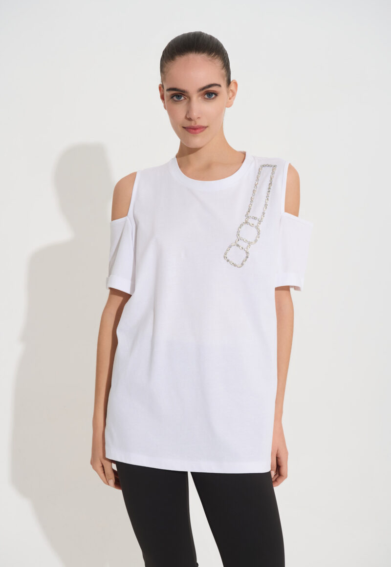 T-Shirt με Ανοίγματα στους Ώμους και Διακοσμητική Αλυσίδα από Στρας