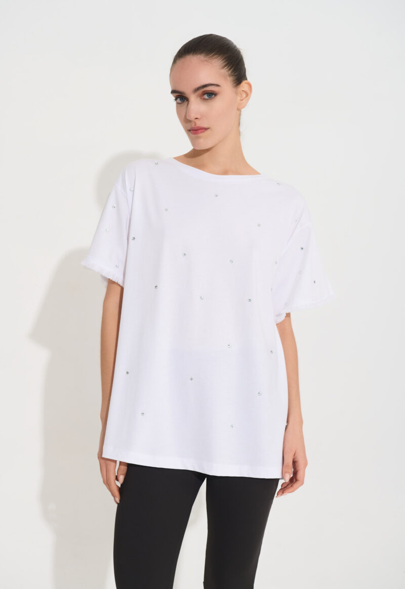 Oversized T-Shirt με Διάσπαρτα Στρας και Ξεφτισμένα Μανίκια