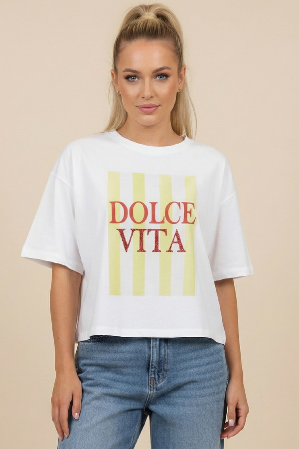 Unitee Κοντομάνικη Crop Μπλούζα με τύπωμα Dolce Vita