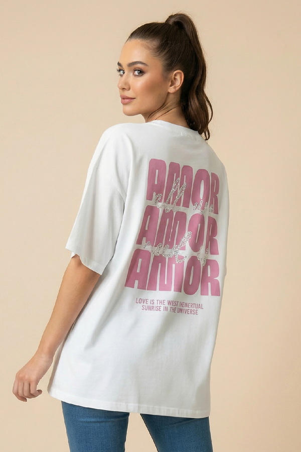 Unitee Oversized T-shirt “AMOR” με Ροζ Στάμπα