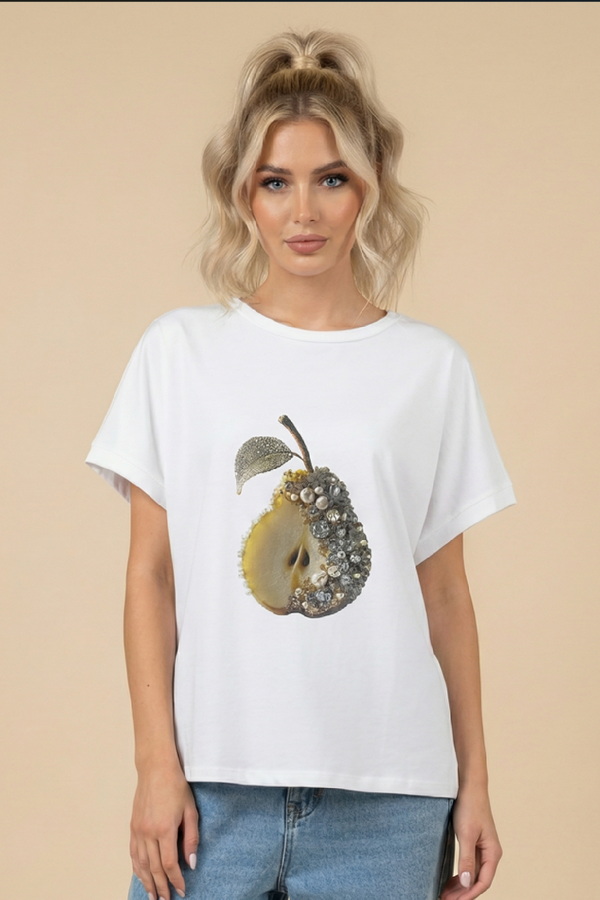Unitee T-Shirt με Στάμπα Κόμμένο Αχλάδι με Λαμπερά Στρας και Πέρλες