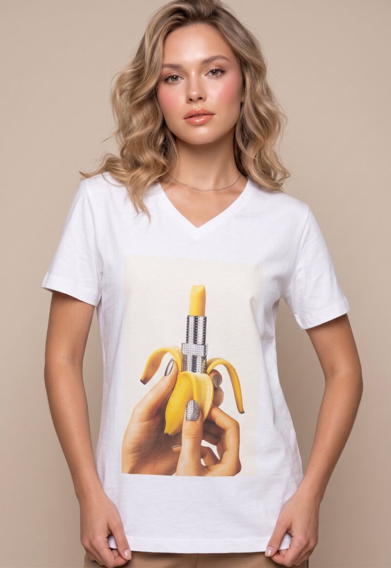 T-shirt V-neck με Στάμπα «Banana Lipstick»