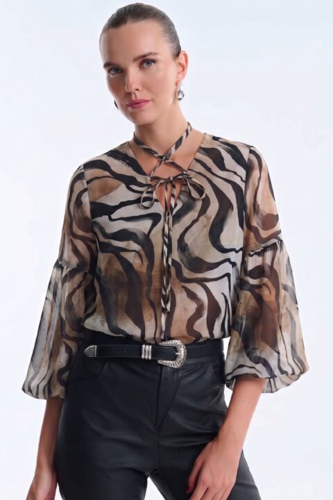 Πουκαμίσα σε Animal Print με Κορδόνι στον Λαιμό